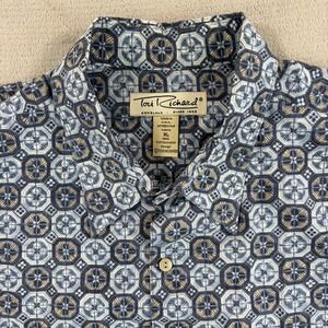 Vintage Tori Richard Hawaiian Camp Shirt XL Cotton Lawn Blue Geometric AOP 90s